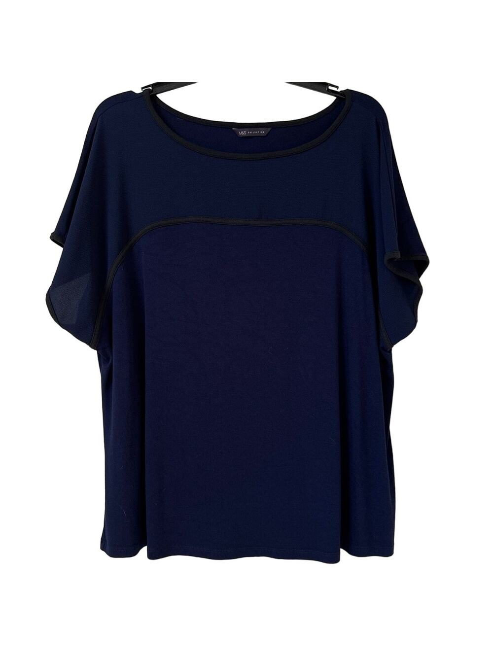 M & S Collection, XL Navy Blue Scoop Neck Batwing Top with Black Piping